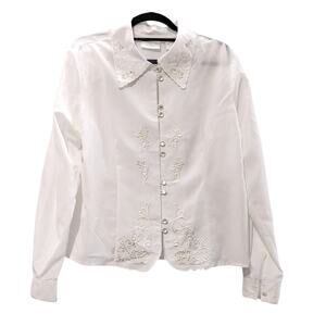 Elizabeth WIlliams Button Up Shirt Long Sleeve Eyelet Trim White Womens Medium